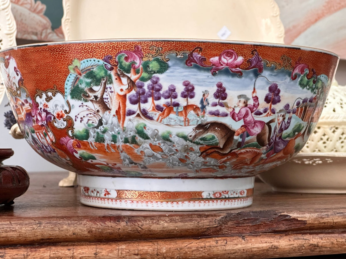 18th Century Chinese Export Porcelain Hunt Pattern Punch Bowl - Helen Storey Antiques