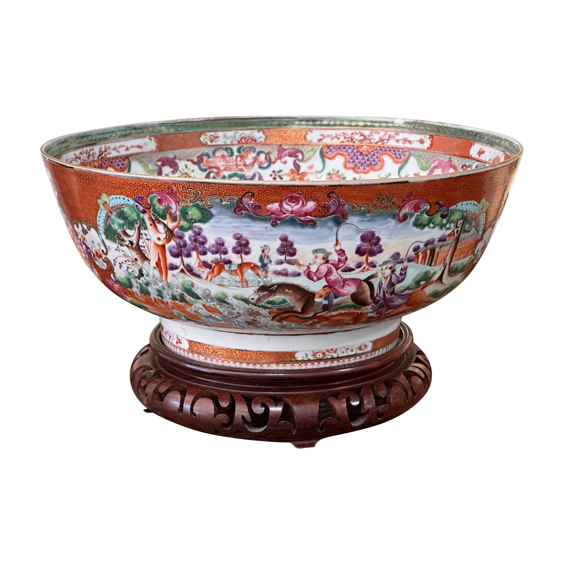 18th Century Chinese Export Porcelain Hunt Pattern Punch Bowl