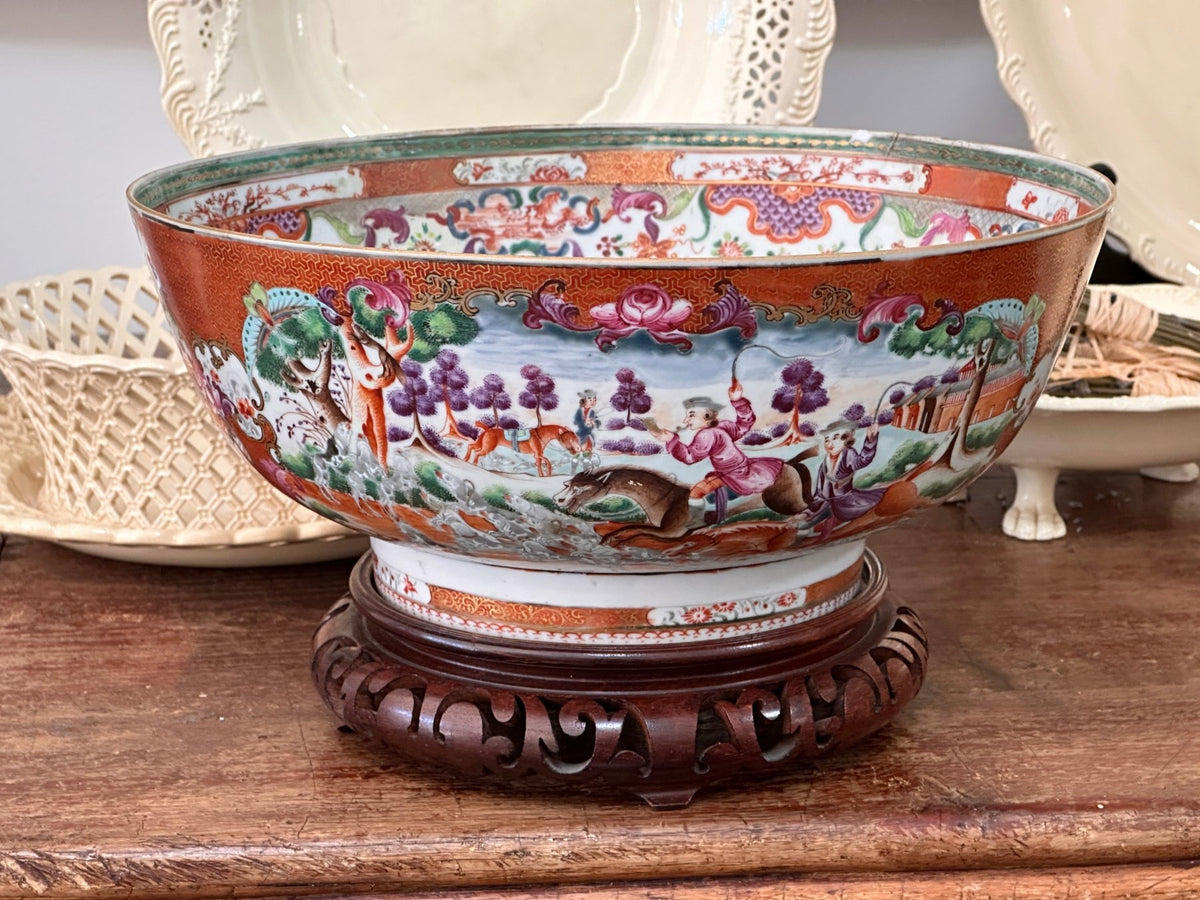 18th Century Chinese Export Porcelain Hunt Pattern Punch Bowl - Helen Storey Antiques