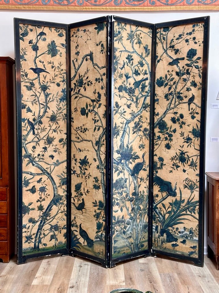 18th Century Chinese Hand - Painted Wallpaper Four - Panel Screen - Helen Storey Antiques