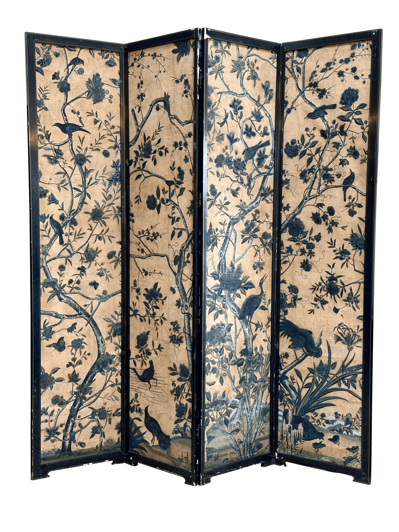 18th Century Chinese Hand-Painted Wallpaper Four-Panel Screen