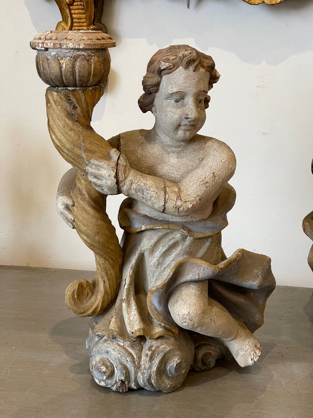 18th Century Continental Carved &amp; Polychrome Cherub Candle Holders - Helen Storey Antiques