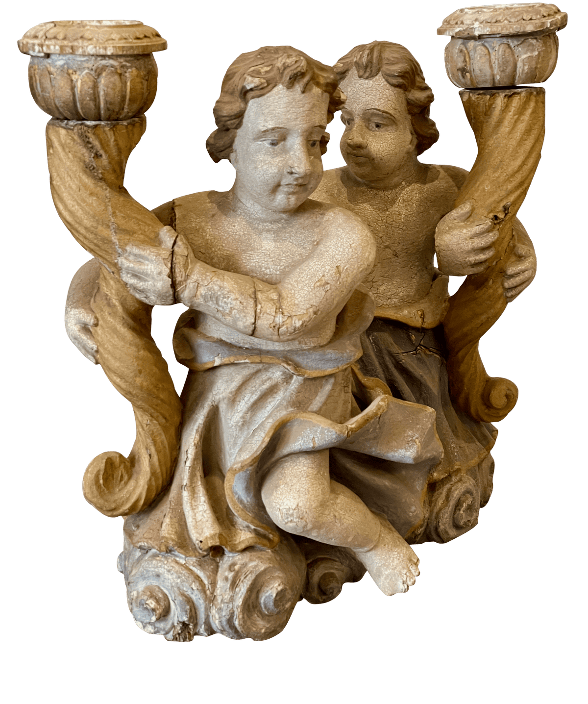 18th Century Continental Carved &amp; Polychrome Cherub Candle Holders - Helen Storey Antiques