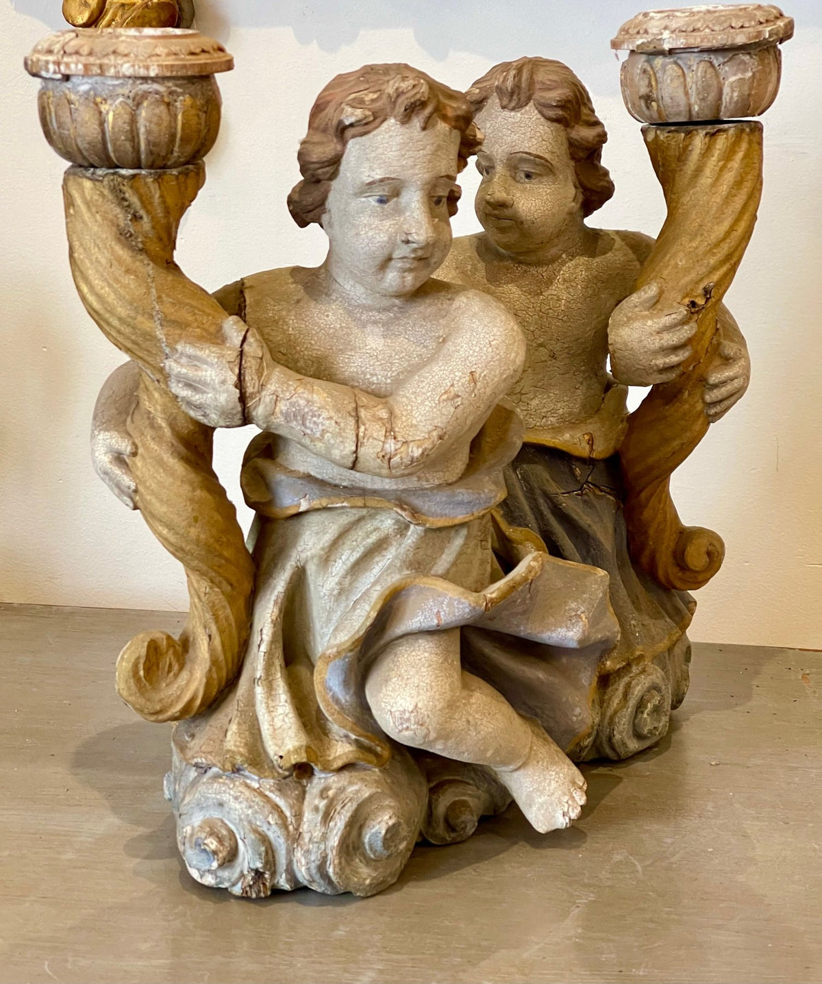 18th Century Continental Carved &amp; Polychrome Cherub Candle Holders - Helen Storey Antiques