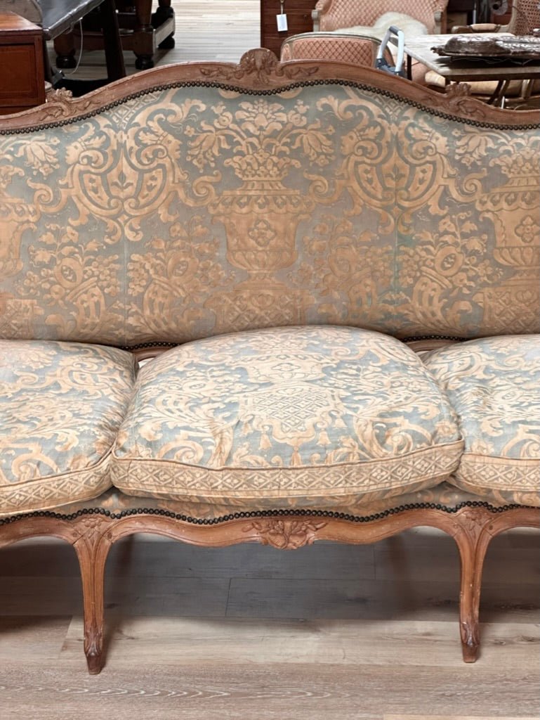 18th Century French Louis XV Canape Settee with Fortuny Upholstery - Helen Storey Antiques