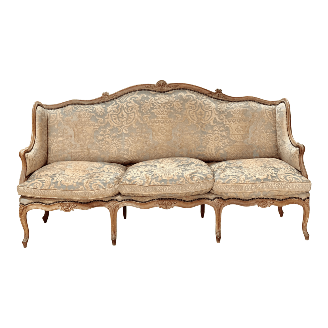 18th Century French Louis XV Canape Settee with Fortuny Upholstery - Helen Storey Antiques