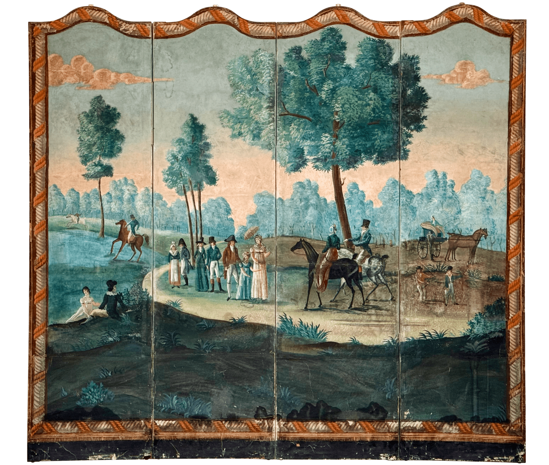 18th Century French Painted Wallpaper Four-Panel Floor Screen