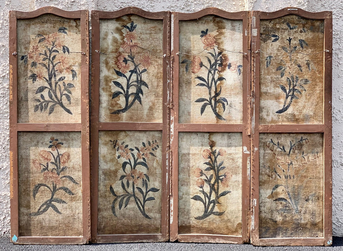 18th CENTURY FRENCH PROVINCIAL PAINTED FOUR - PANEL SCREEN - Helen Storey Antiques