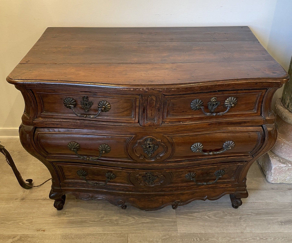 18TH CENTURY LOUIS XV BORDELAISE WALNUT BOMBE COMMODE - Helen Storey Antiques