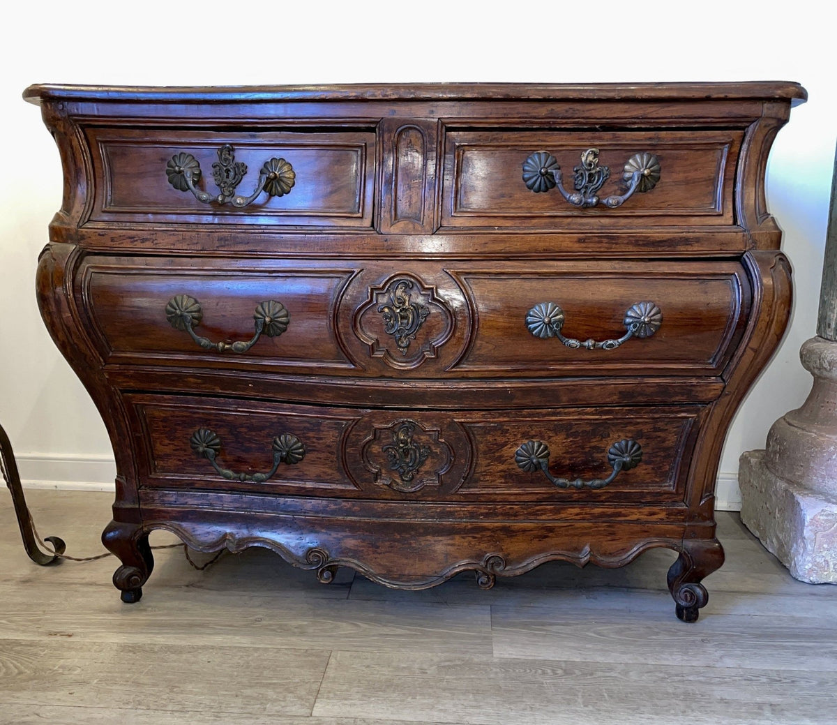 18TH CENTURY LOUIS XV BORDELAISE WALNUT BOMBE COMMODE - Helen Storey Antiques