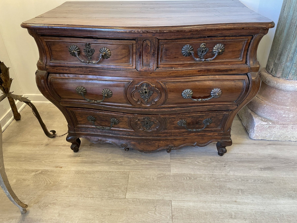 18TH CENTURY LOUIS XV BORDELAISE WALNUT BOMBE COMMODE - Helen Storey Antiques