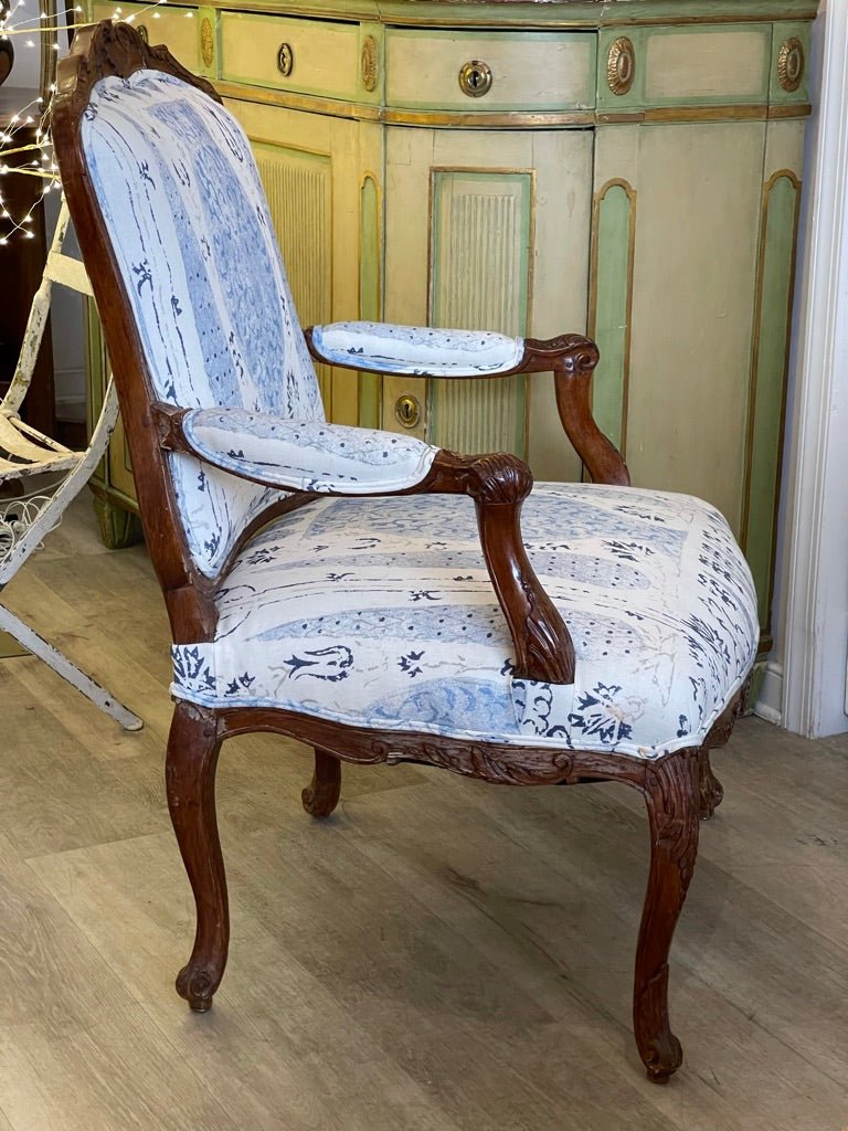 18TH CENTURY LOUIS XV PERIOD CARVED BEECHWOOD FAUTEUIL, NEWLY UPHOLSTERED - Helen Storey Antiques