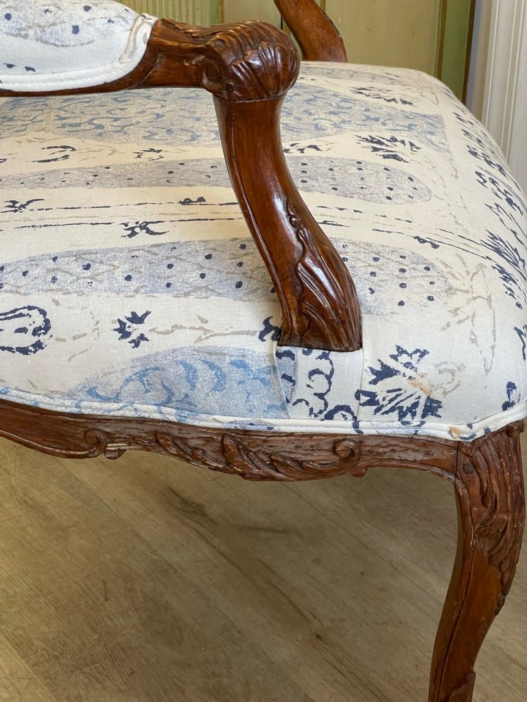 18TH CENTURY LOUIS XV PERIOD CARVED BEECHWOOD FAUTEUIL, NEWLY UPHOLSTERED - Helen Storey Antiques