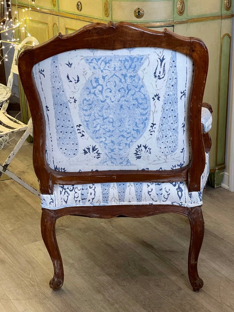 18TH CENTURY LOUIS XV PERIOD CARVED BEECHWOOD FAUTEUIL, NEWLY UPHOLSTERED - Helen Storey Antiques