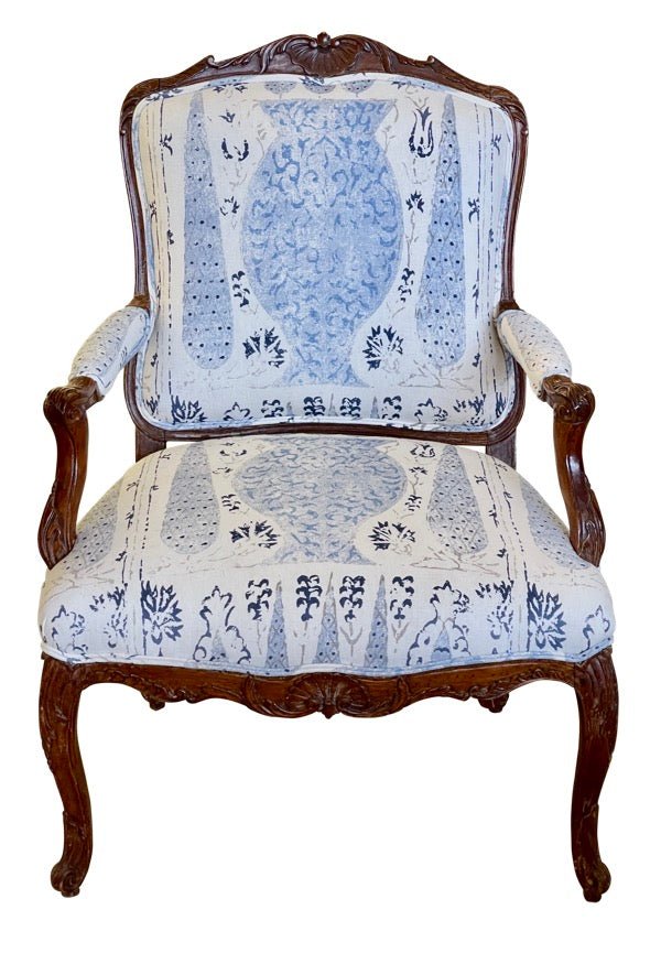 18TH CENTURY LOUIS XV PERIOD CARVED BEECHWOOD FAUTEUIL, NEWLY UPHOLSTERED