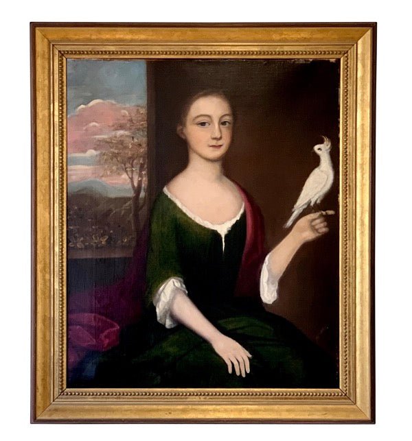 18TH CENTURY PORTRAIT OF GIRL WITH BIRD American - Durand - Helen Storey Antiques