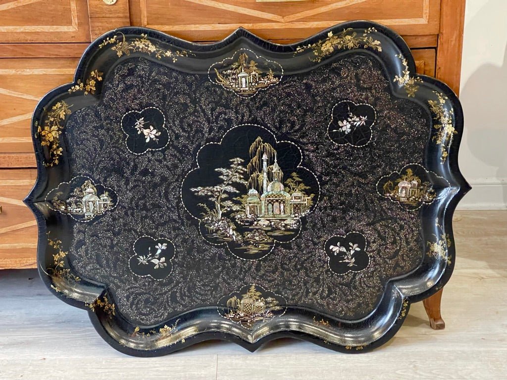 19TH CENTURY FRENCH PAPIER MACHE TRAY, Chinoiserie, WITH MOTHER OF PEARL - Helen Storey Antiques