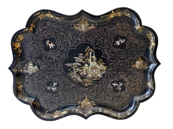 19TH CENTURY FRENCH PAPIER MACHE TRAY, Chinoiserie, WITH MOTHER OF PEARL - Helen Storey Antiques