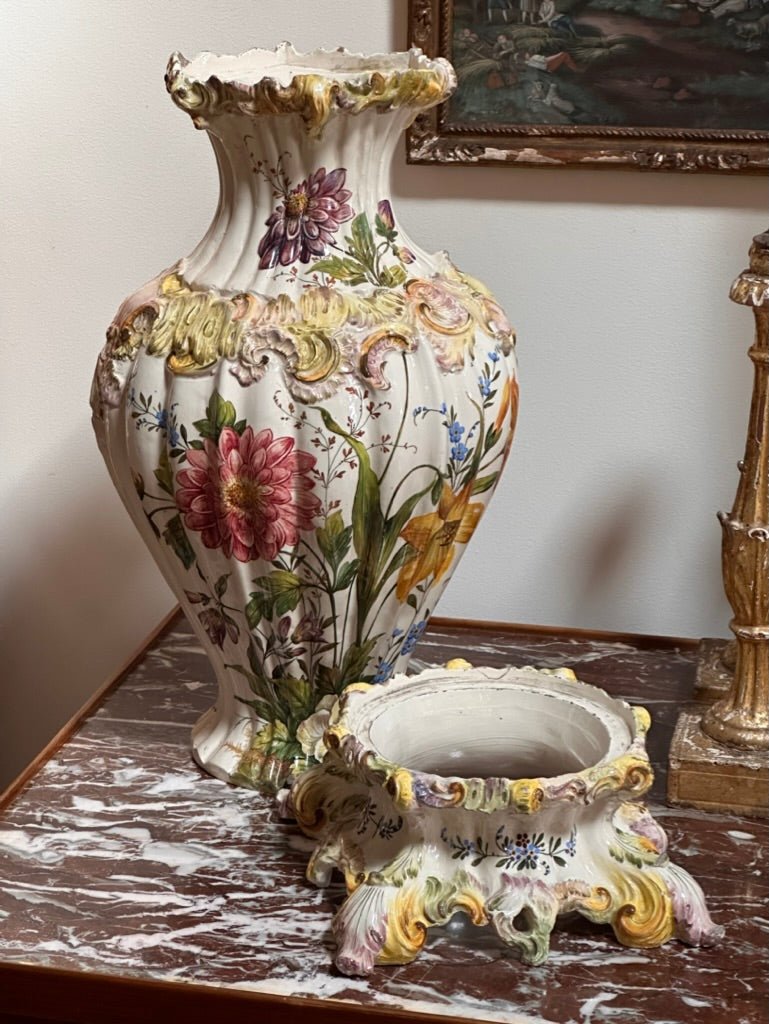 19th Century Hand - Painted Italian Faience Vase &amp; Stand - Helen Storey Antiques