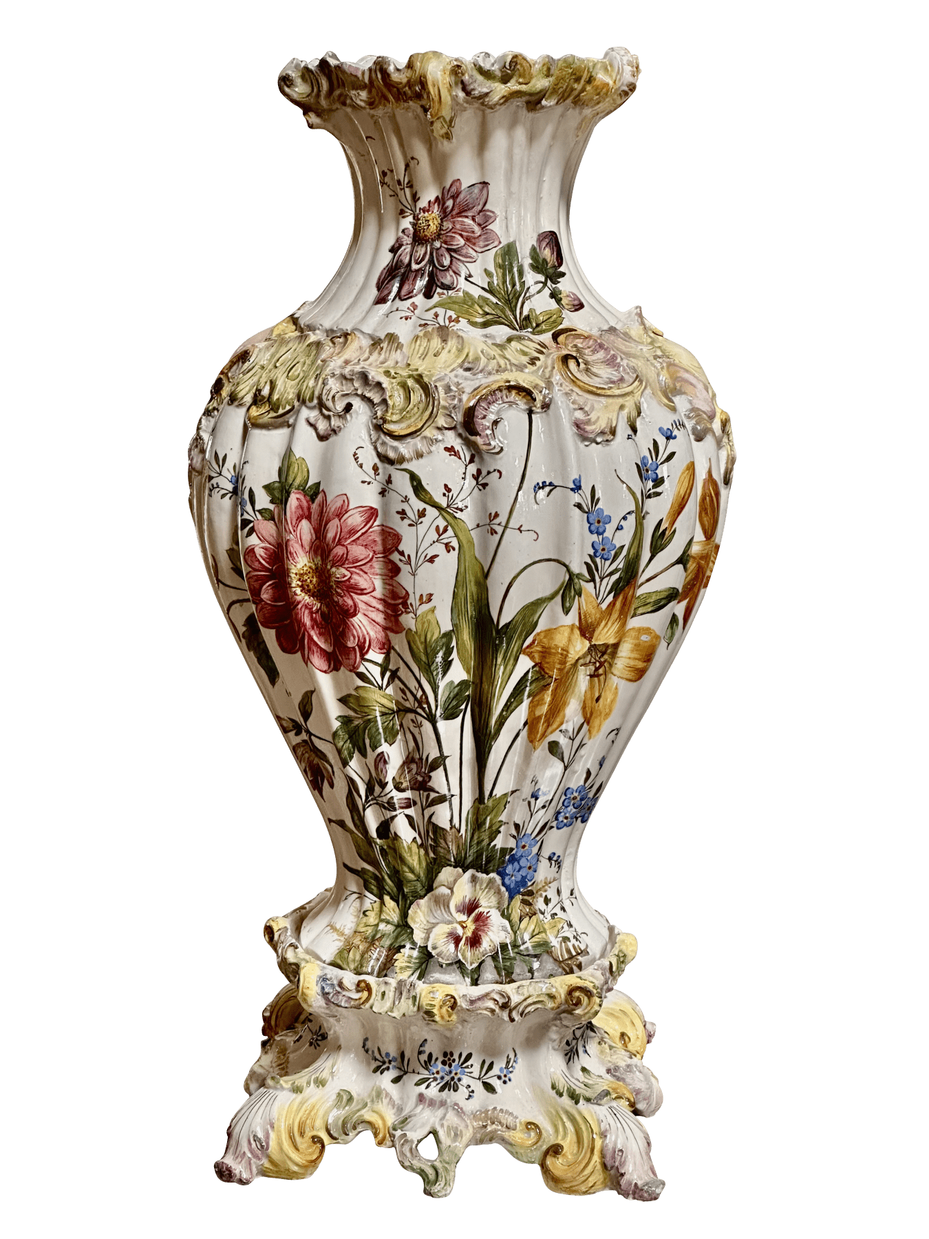 19th Century Hand-Painted Italian Faience Vase & Stand