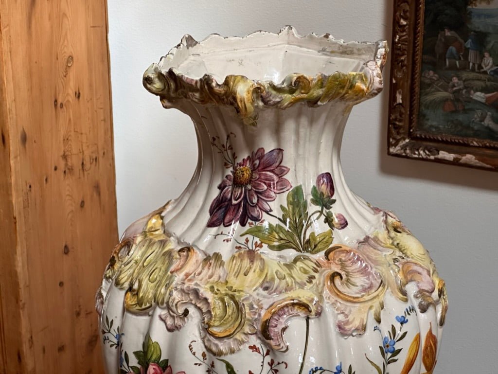 19th Century Hand - Painted Italian Faience Vase &amp; Stand - Helen Storey Antiques