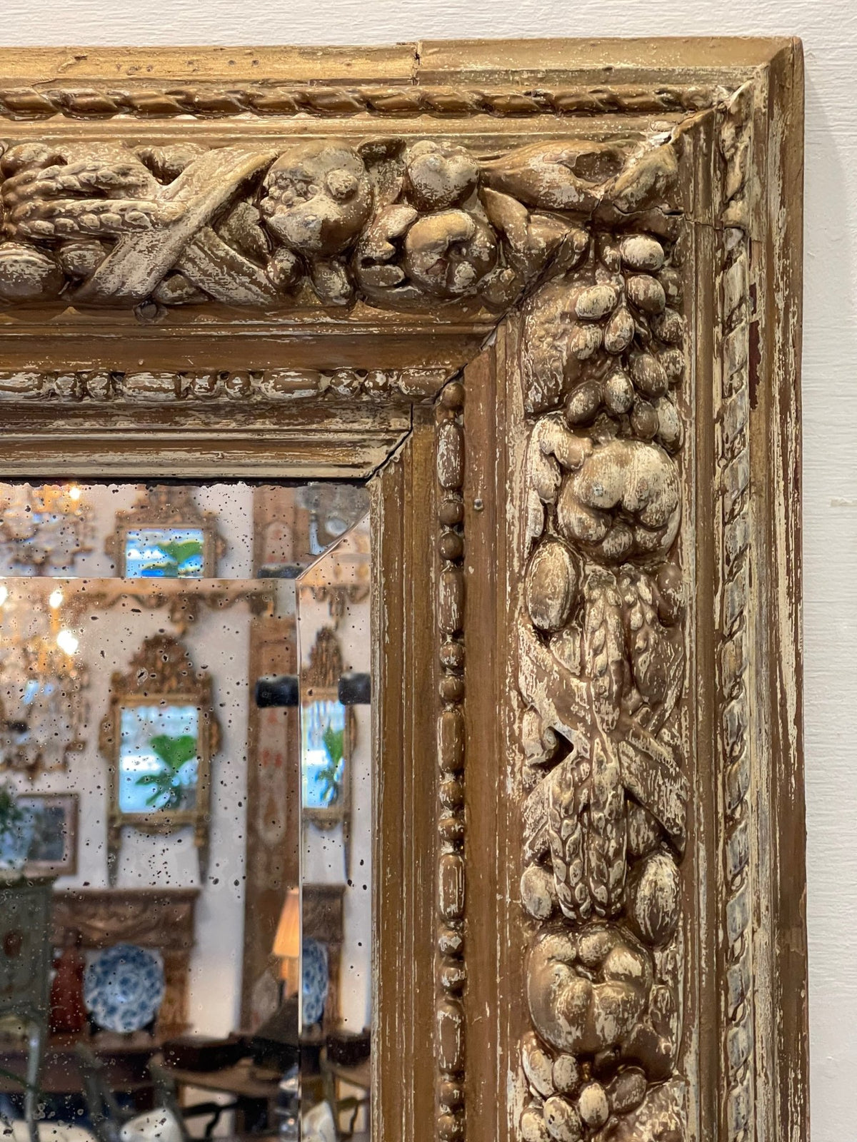 19TH CENTURY Italian Fruit Carved and Polychrome Tall Mirror - Helen Storey Antiques