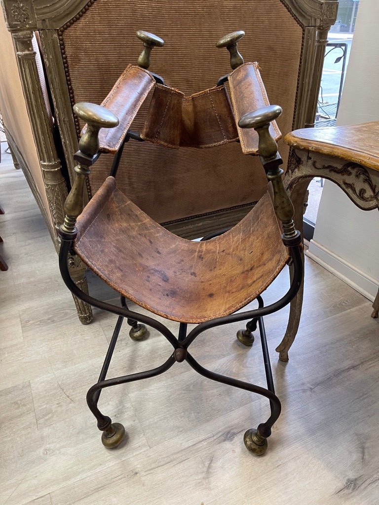 19th Century Italian iron, bronze, and leather Savonarola chair. - Helen Storey Antiques