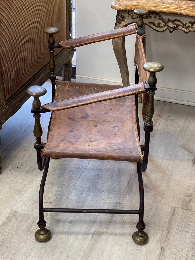 19th Century Italian iron, bronze, and leather Savonarola chair. - Helen Storey Antiques