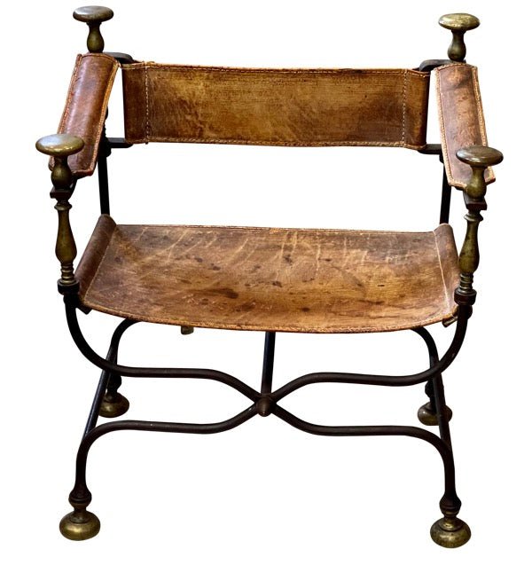 19th Century Italian iron, bronze, and leather Savonarola chair. - Helen Storey Antiques