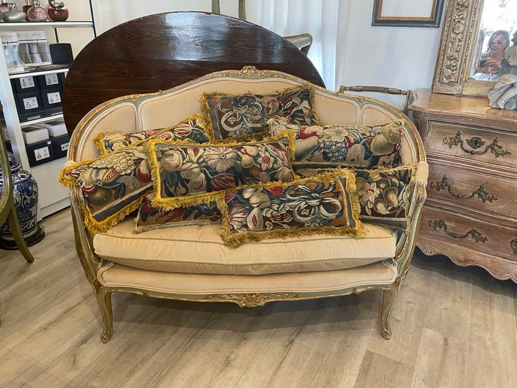 19th Century Louis XV Style polychrome, carved, and Finely Upholstered Settee - Helen Storey Antiques