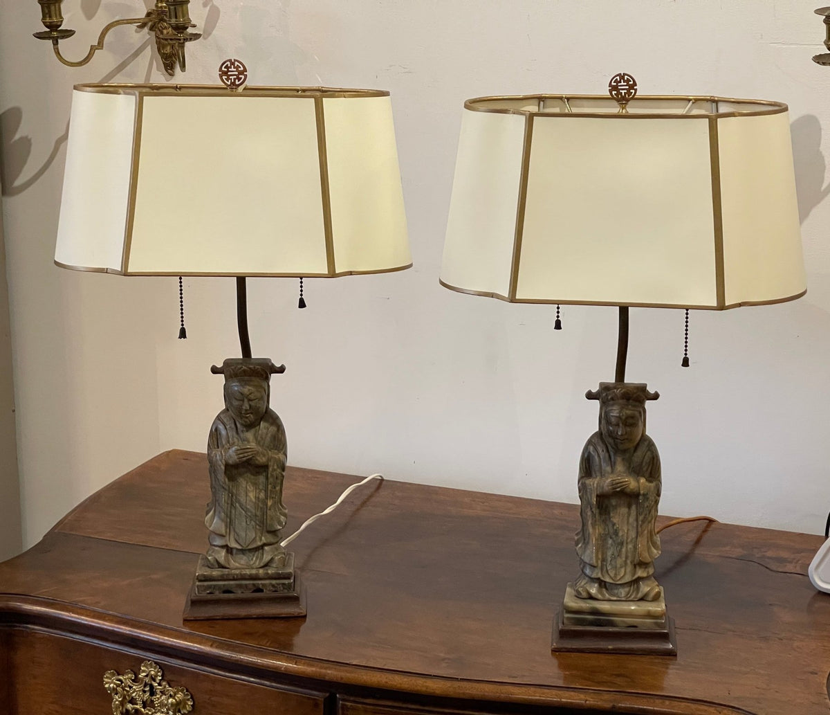 19TH CENTURY PAIR OF CARVED BUDDHAS MOUNTED AS LAMPS - Helen Storey Antiques