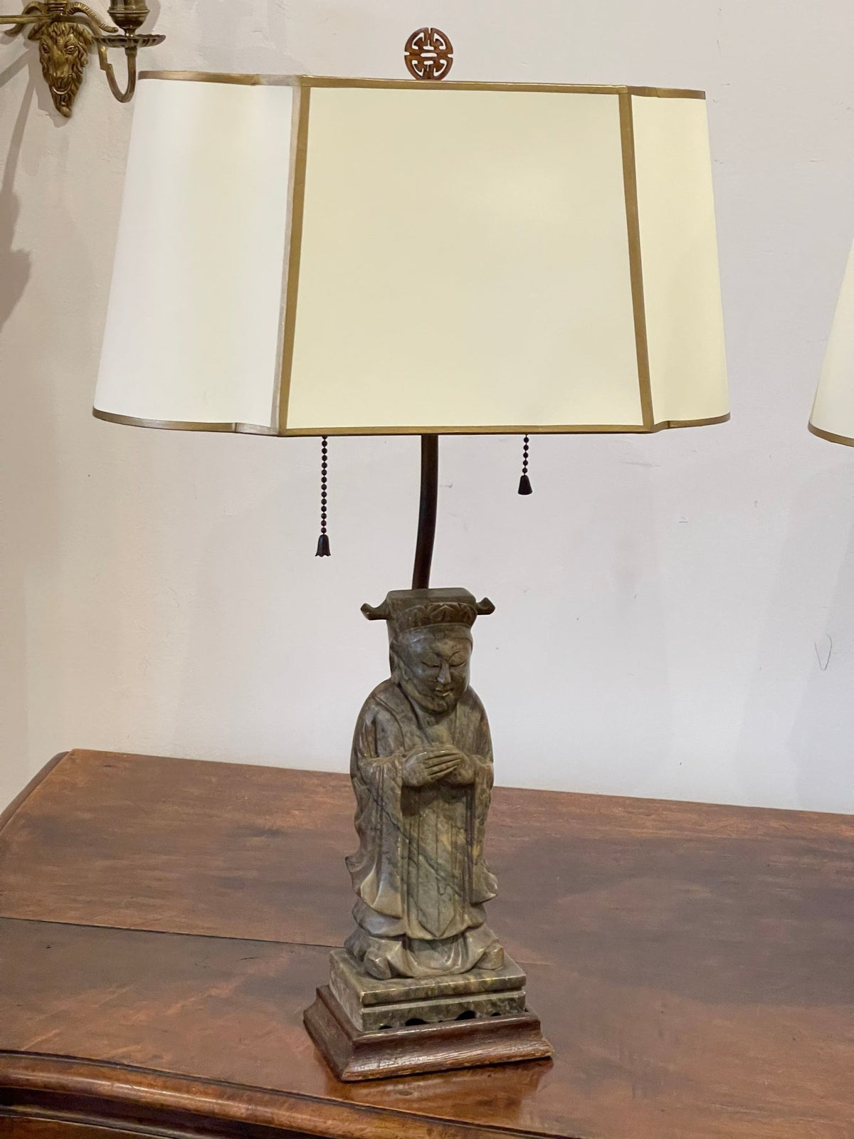 19TH CENTURY PAIR OF CARVED BUDDHAS MOUNTED AS LAMPS - Helen Storey Antiques