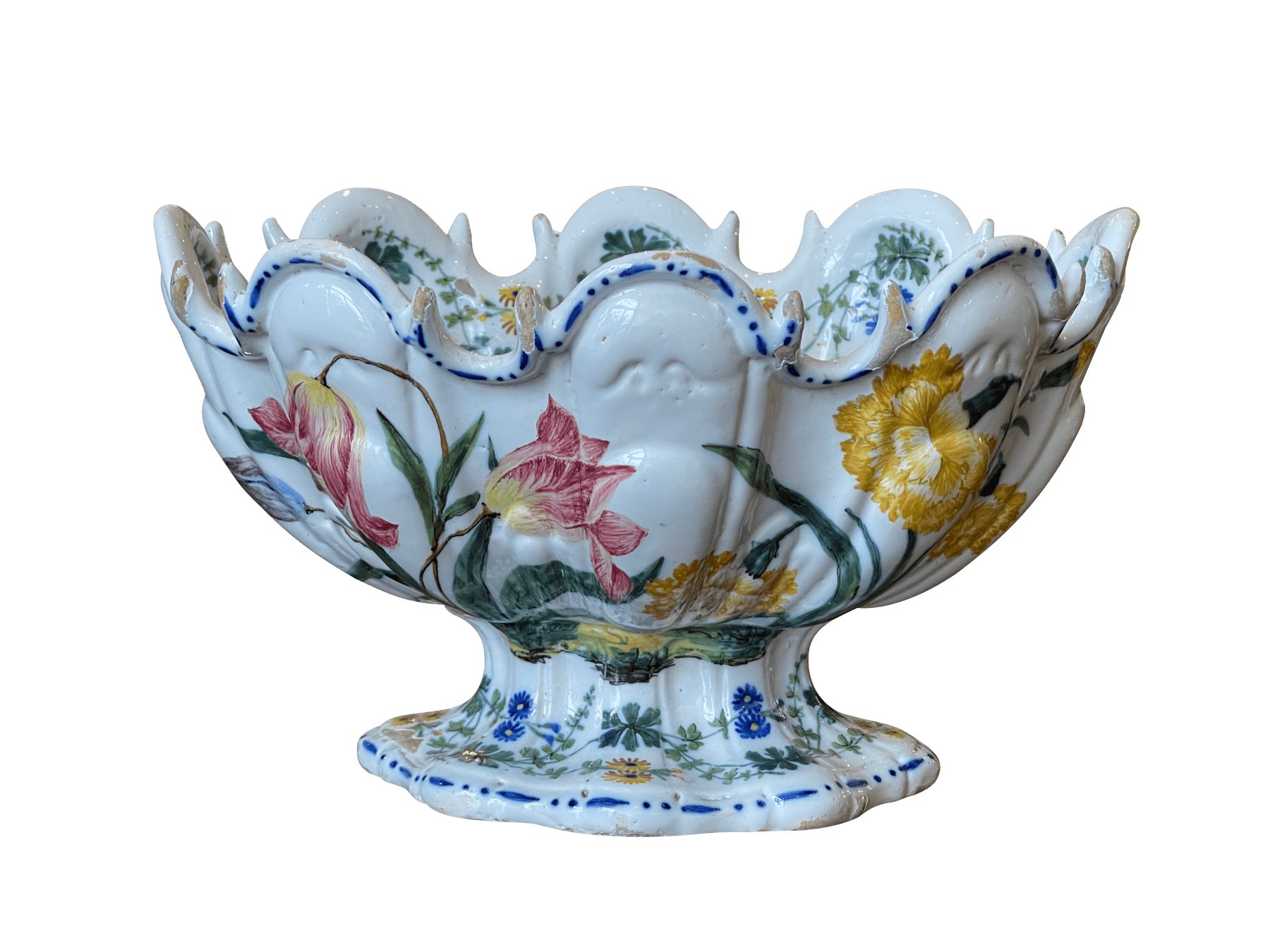 19th Century Ribbed Floral Italian Footed Tin-Glaze Bowl