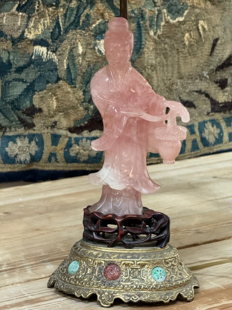 19th Century Rose Quartz Carved Figure Lamp with Jeweled Base - Helen Storey Antiques