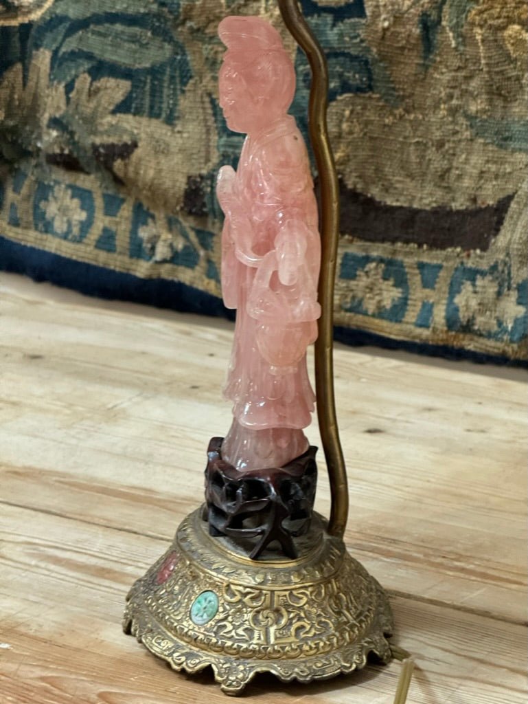 19th Century Rose Quartz Carved Figure Lamp with Jeweled Base - Helen Storey Antiques