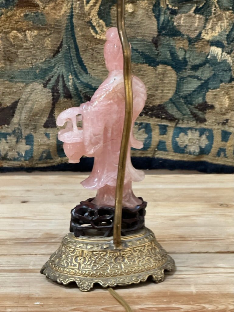 19th Century Rose Quartz Carved Figure Lamp with Jeweled Base - Helen Storey Antiques