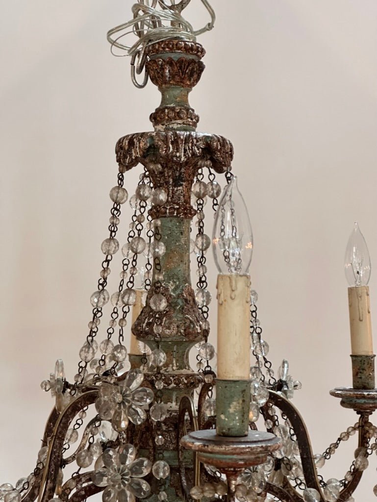 19th Century Six - Arm Carved, Polychrome and Crystal Chandelier - Helen Storey Antiques