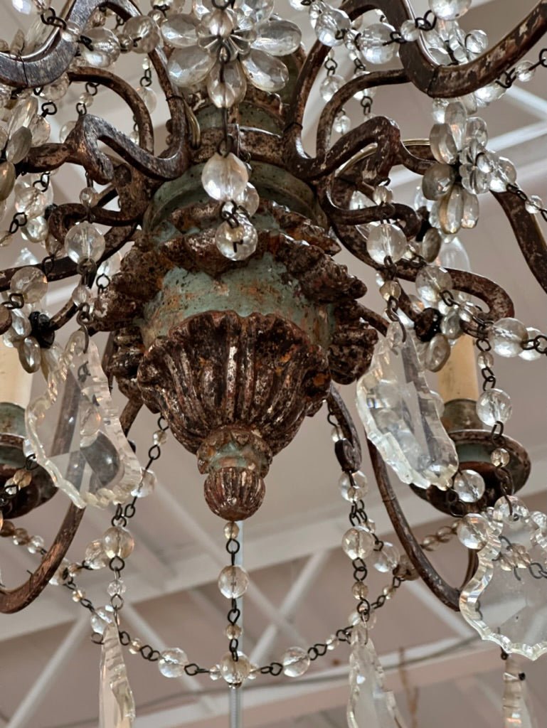 19th Century Six - Arm Carved, Polychrome and Crystal Chandelier - Helen Storey Antiques