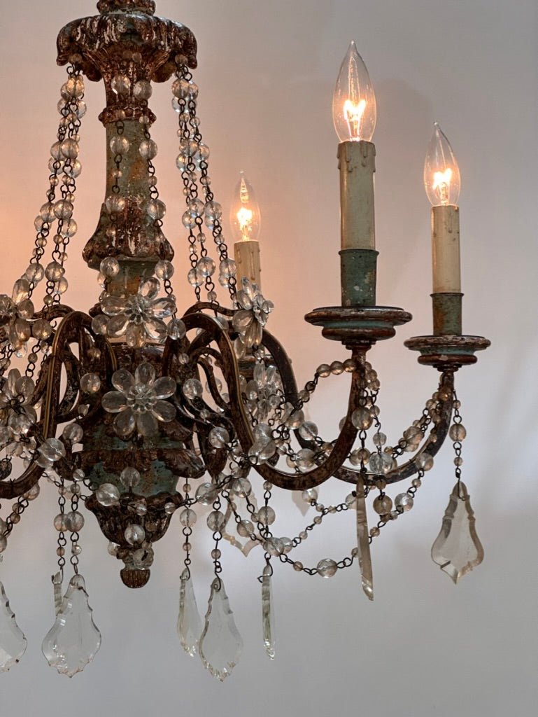 19th Century Six - Arm Carved, Polychrome and Crystal Chandelier - Helen Storey Antiques