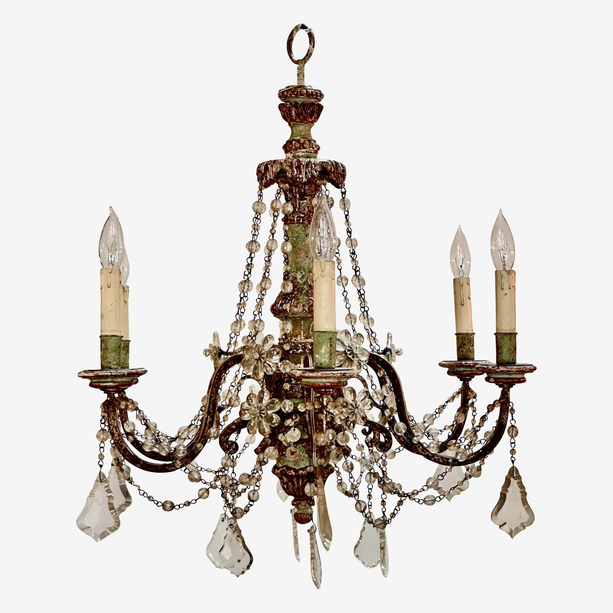 19th Century Six - Arm Carved, Polychrome and Crystal Chandelier - Helen Storey Antiques