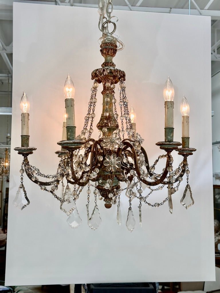 19th Century Six - Arm Carved, Polychrome and Crystal Chandelier - Helen Storey Antiques