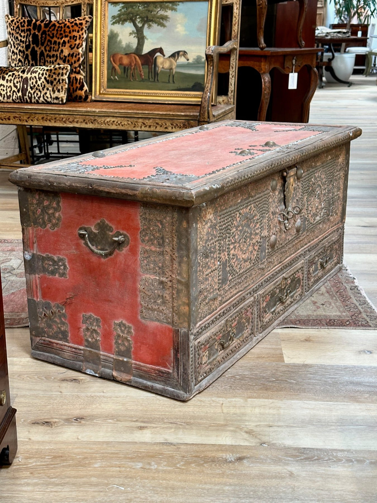 19th Century Teak Brass Studded Red Zanzibar Chest - Helen Storey Antiques