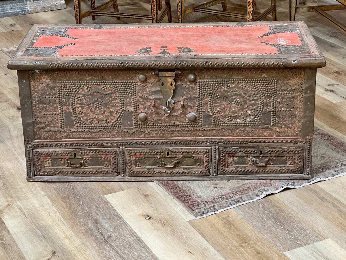 19th Century Teak Brass Studded Red Zanzibar Chest - Helen Storey Antiques