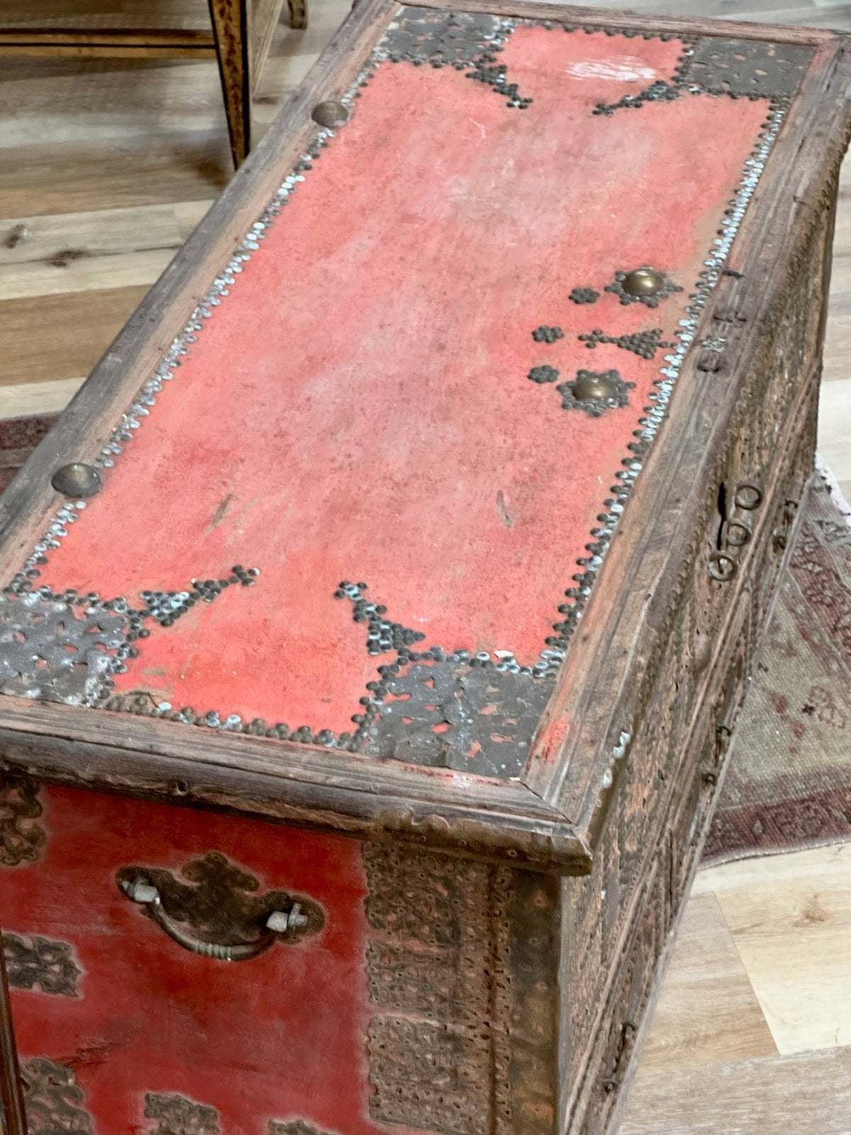 19th Century Teak Brass Studded Red Zanzibar Chest - Helen Storey Antiques