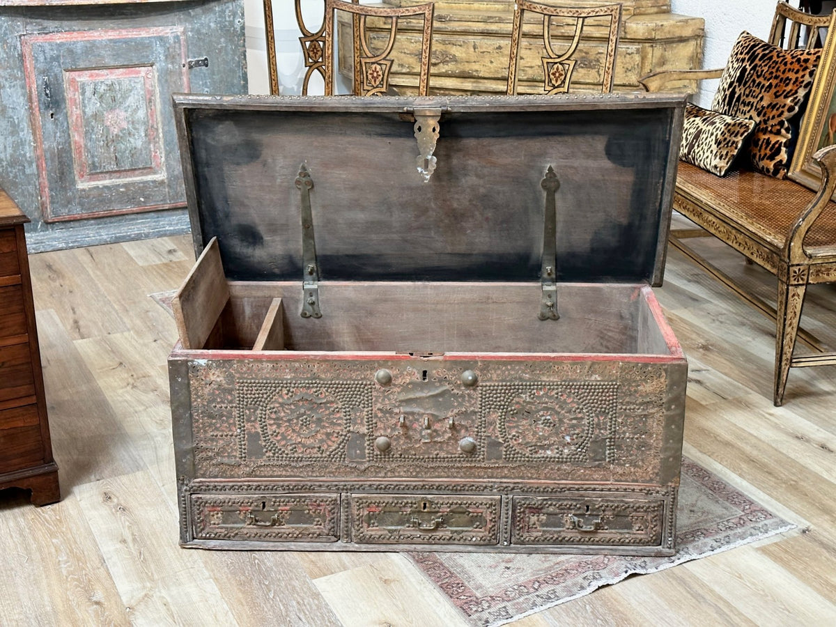 19th Century Teak Brass Studded Red Zanzibar Chest - Helen Storey Antiques