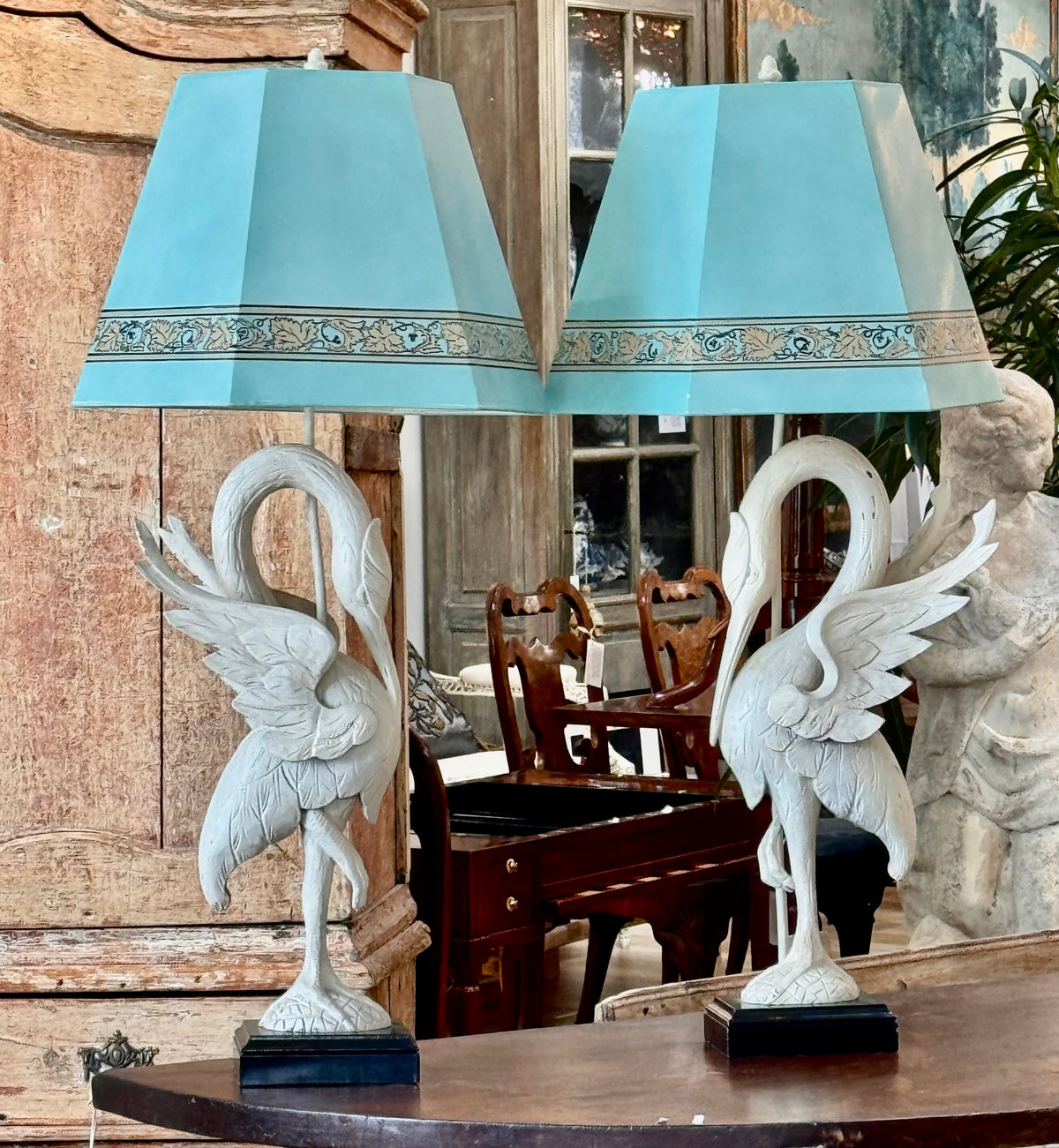 A Pair of White-Painted Carved Egret Lamps Mid-Century