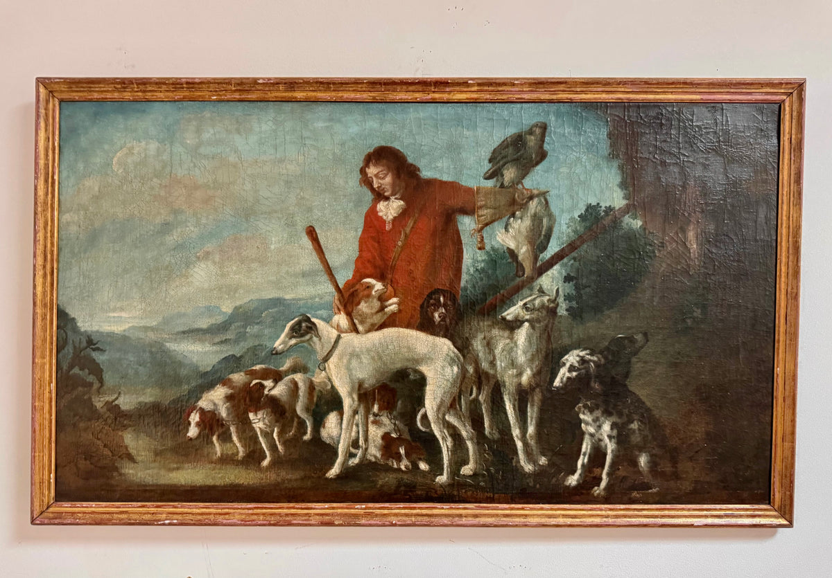 Dogs and Falconer, Flemish School, 17th Century Oil Painting