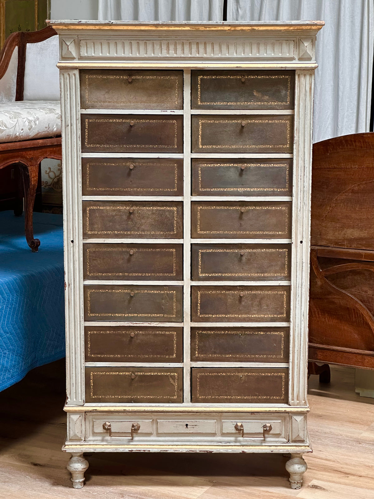 19th Century Cartonnier file cabinet with tooled leather drawers