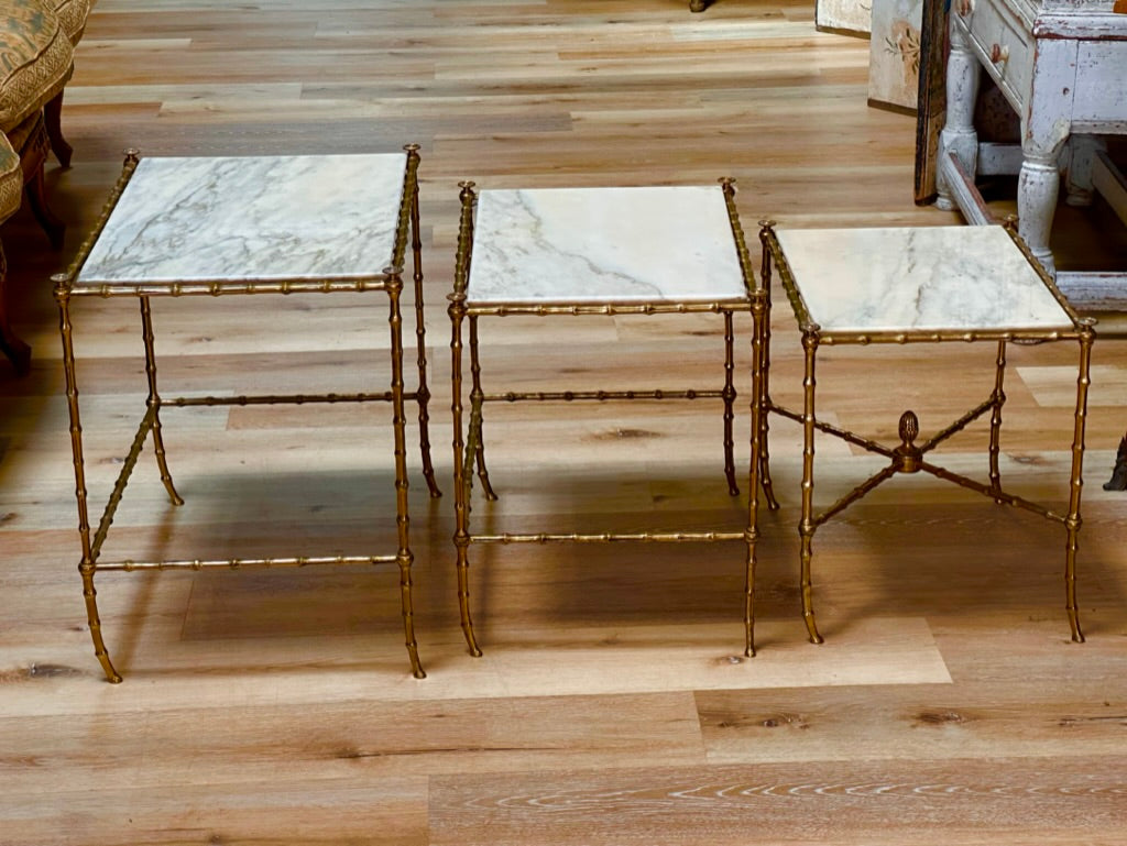 Set of Three French Mid-Century Faux-Bamboo Nesting Tables, gilt and marble