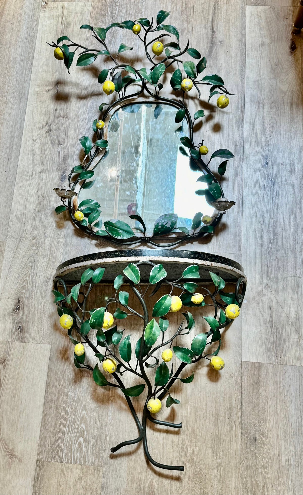 A Mid-century Tole Lemon Tree tole console with Lemon-surround mirror